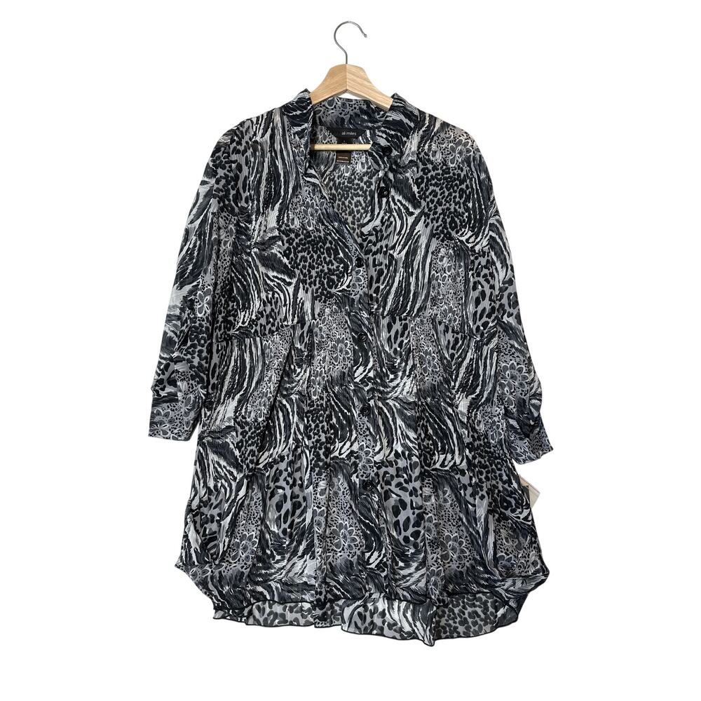 Ali Miles Animal Print Tunic Top Blouse Accordion Pleats Artsy Lagenlook Sz L